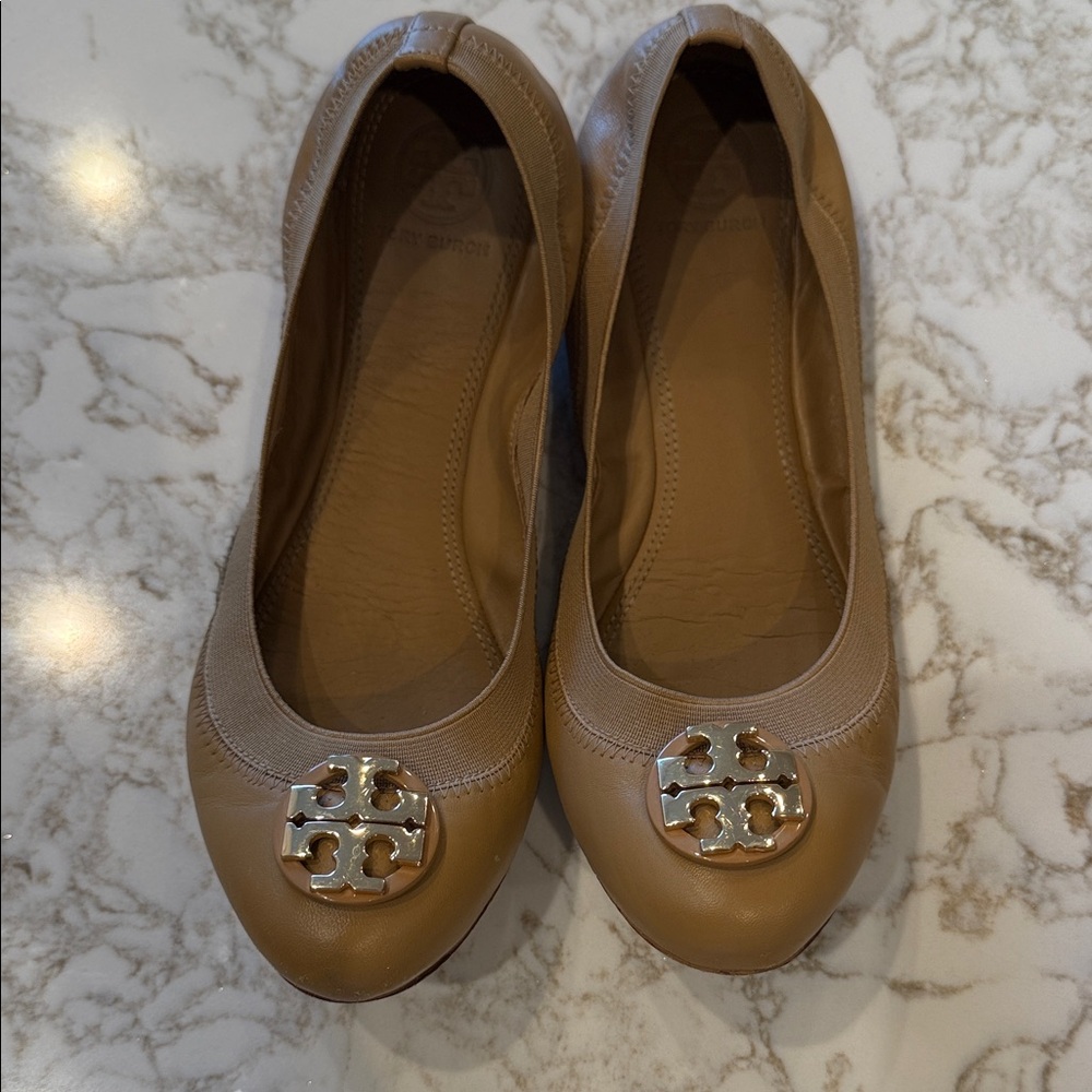 Tory Burch Beige Leather Flats with Gold Logo